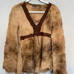 Komarov Womens Crinkle Blouse Medium Brown Lace Up Boho Peasant Top Flowy